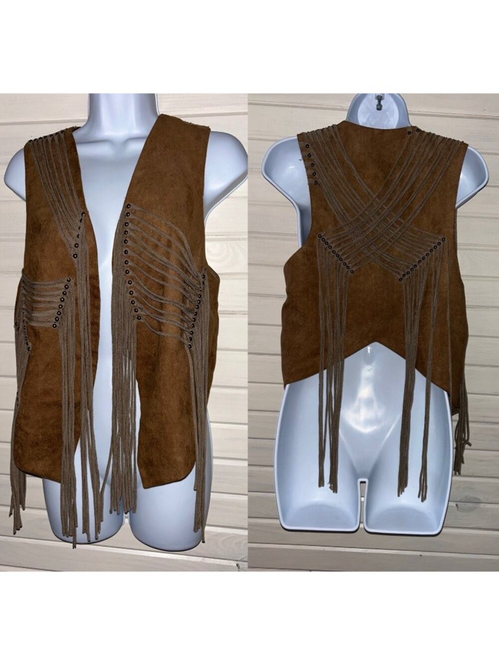 Miss Me Sz MEDIUM Faux Suede Vest Sleeveless Brown Fringed Studded EUC